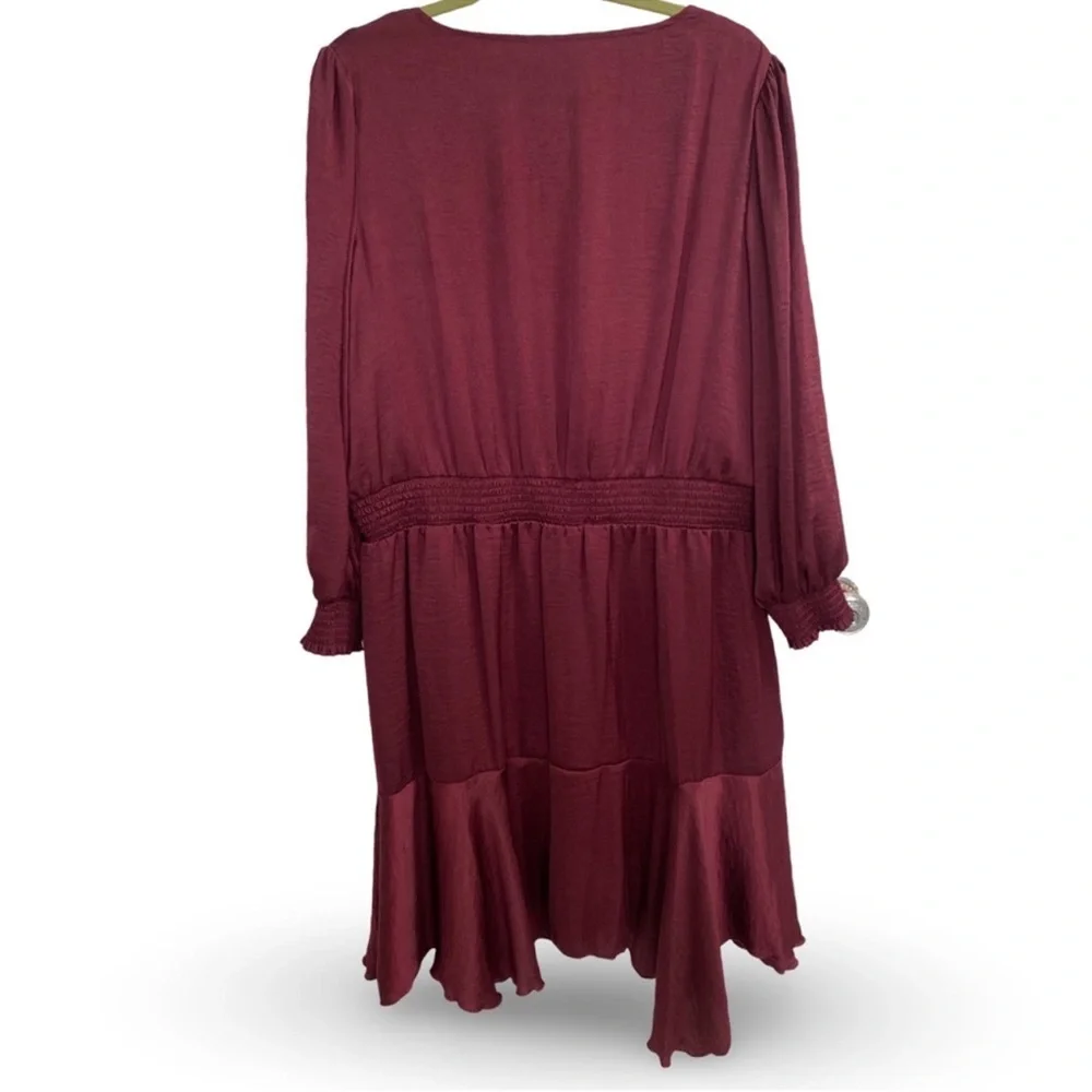 SAM EDELMAN SMOCKED LONG SLEEVE BURGUNDY A LINE DRESS - Picture 8 of 10